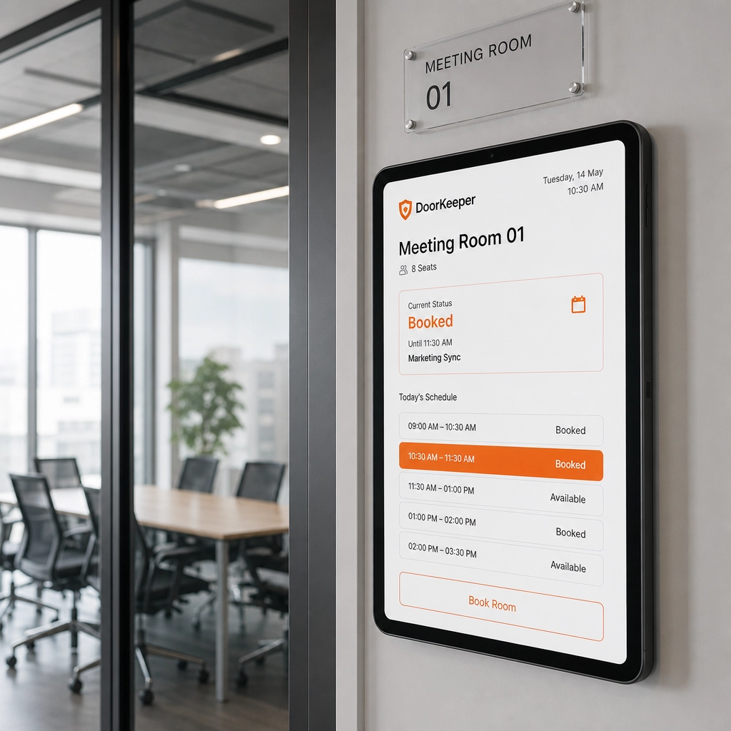 Meeting room booking shown on a tablet outside a conference room