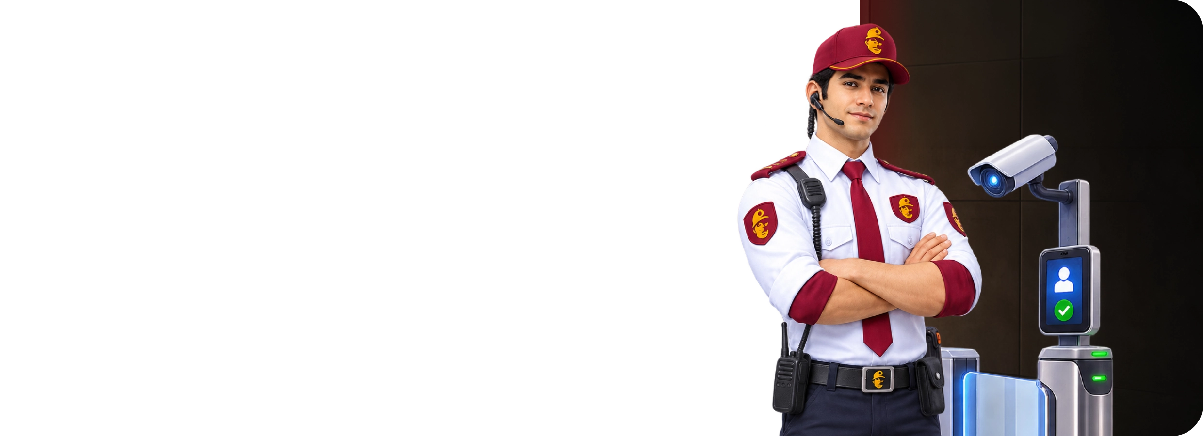 Doorkeeper security guard beside an access-control camera