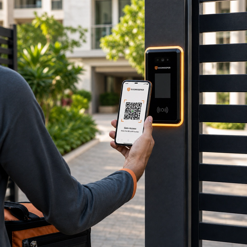Staff member scanning a QR entry pass at a side gate