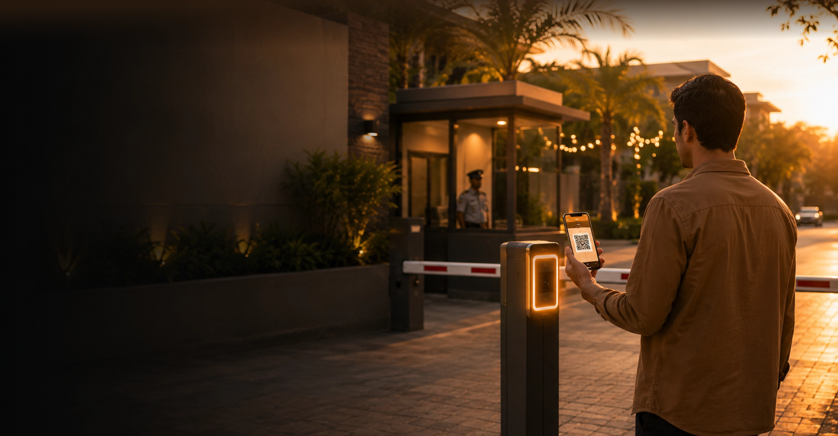 Resident scanning a QR pass at a gated community entrance
